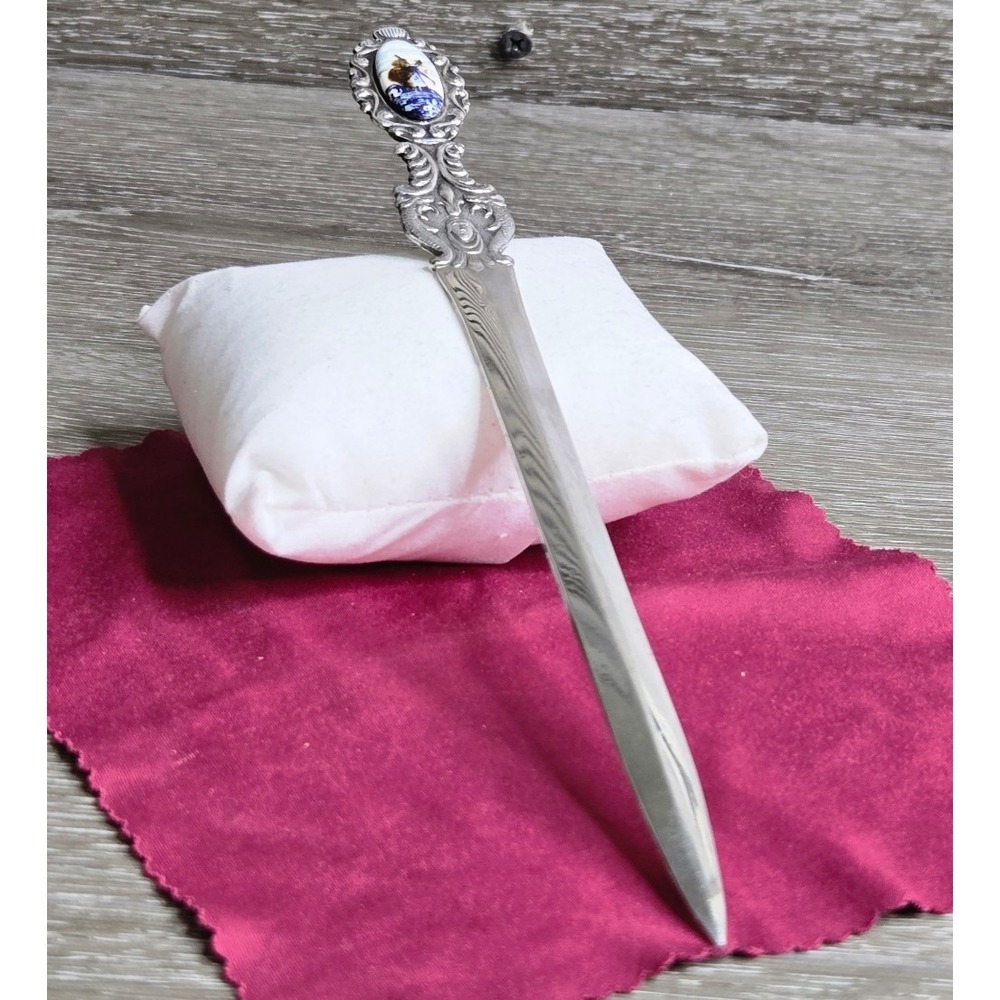 Vintage 800 Silver Ornate Letter Opener w/ Porcelain Windmill Scene 34g European